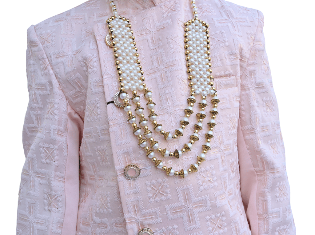 JOYHAAT Kids Boy's Indo western Stylish Party/Wedding/Festival Dress/Ethnic Sherwani Set With Peach Chikan Embroidered Kurta, White Pyjama And Pearl Necklace