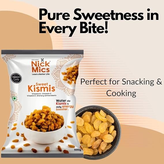 Premium Kismis | 500g | Dry Fruits & Nuts | Nickmics |Nickmics Kismis Premium | Kishmish | Nutritious| Rich in Iron | 100% Natural | Premium Dried Grapes | Naturally Sweet & tasty | |Healthy Snacks|Dry Fruit Gift Pack |