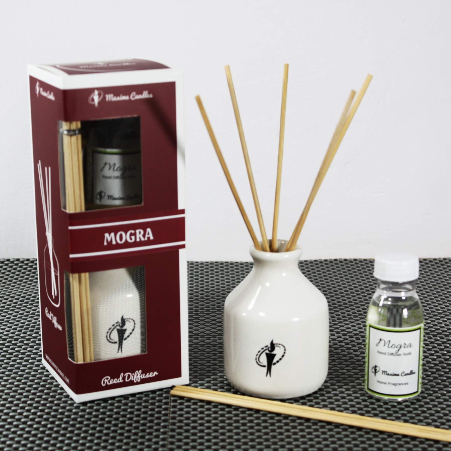 White Ceramic Bottle Reed Diffuser Set with Mogra Aroma oil