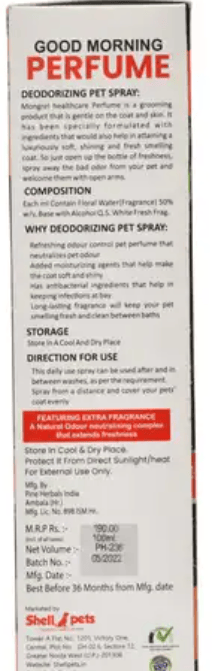 Shell Pets Good Morning Perfume 100Ml |  Extract of Flowers and Aloe-vera | Daily use, Safe Deodorizer, Coat Smell Perfume, Body Bad Odor - Safe & Effective Pet Friendly Formula for Dogs