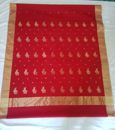 Red Chanderi Silk Saree With Golden Border