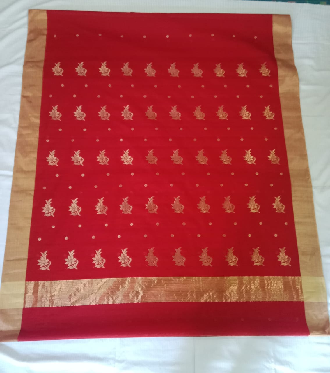 Red Chanderi Silk Saree With Golden Border