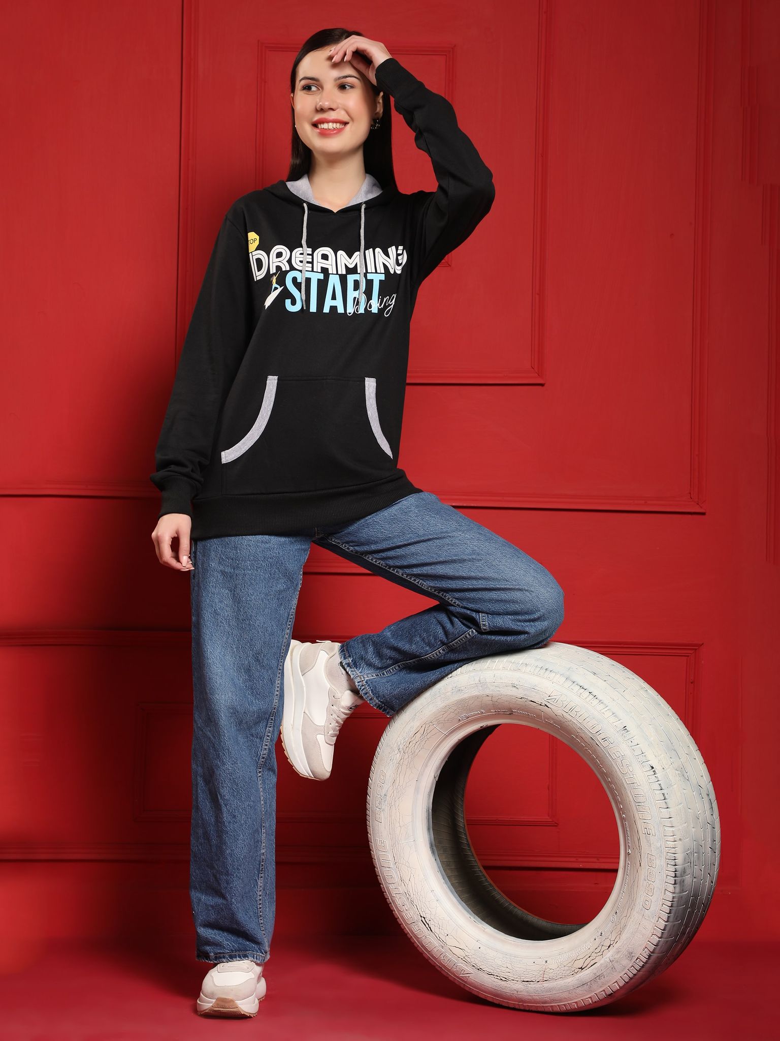 Outflits Womens Printed Black Hoodies | Women Hooded Sweatshirt | Ladies hoodies black With Pocket - Pack of 1