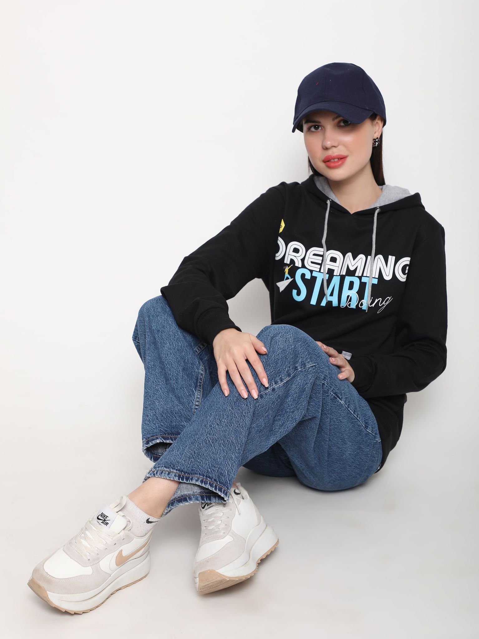 Outflits Womens Printed Black Hoodies | Women Hooded Sweatshirt | Ladies hoodies black With Pocket - Pack of 1