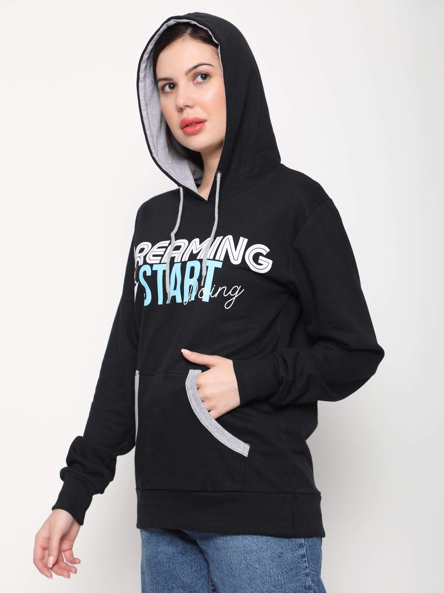 Outflits Womens Printed Black Hoodies | Women Hooded Sweatshirt | Ladies hoodies black With Pocket - Pack of 1