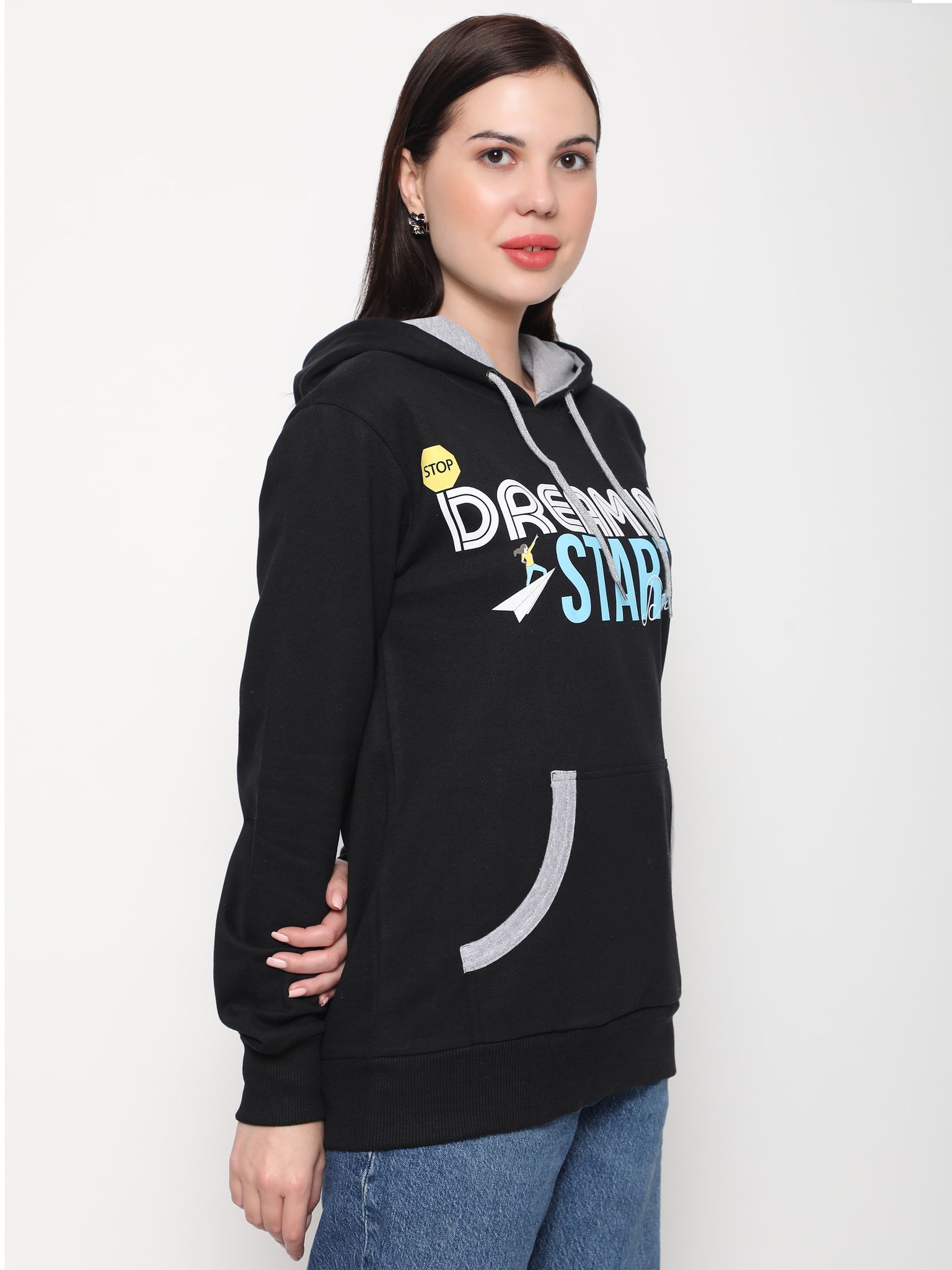 Outflits Womens Printed Black Hoodies | Women Hooded Sweatshirt | Ladies hoodies black With Pocket - Pack of 1