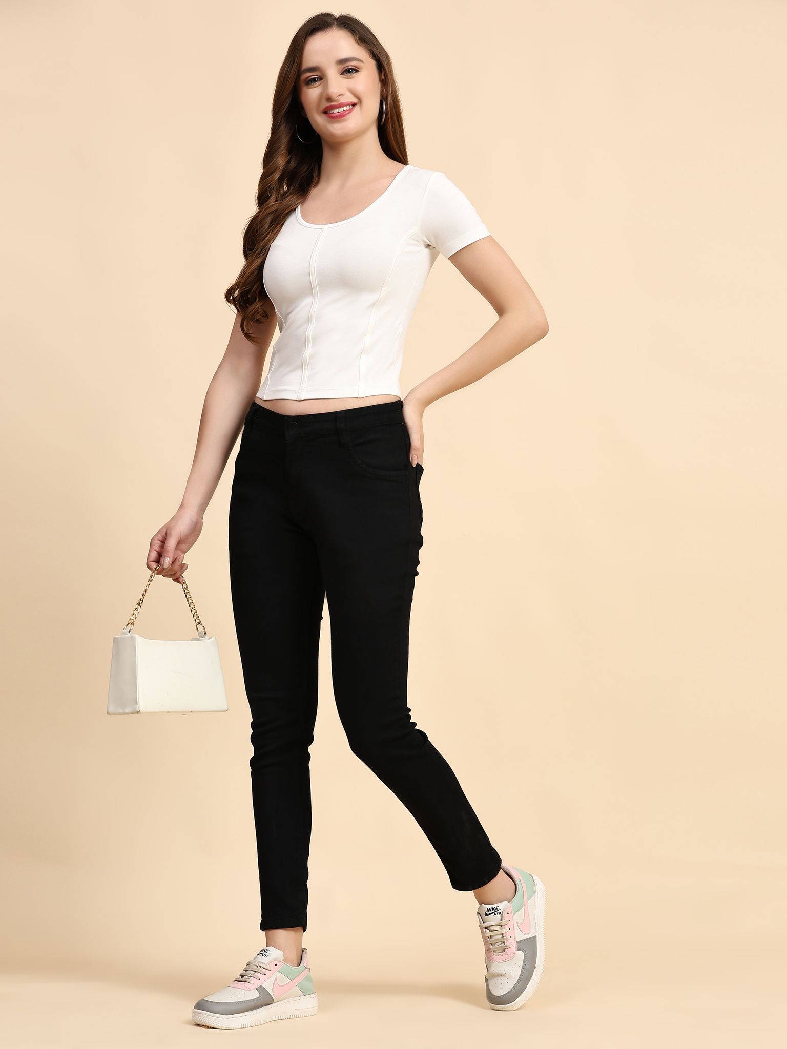 Women Solid Round Neck Viscose Rayon White T-Shirt