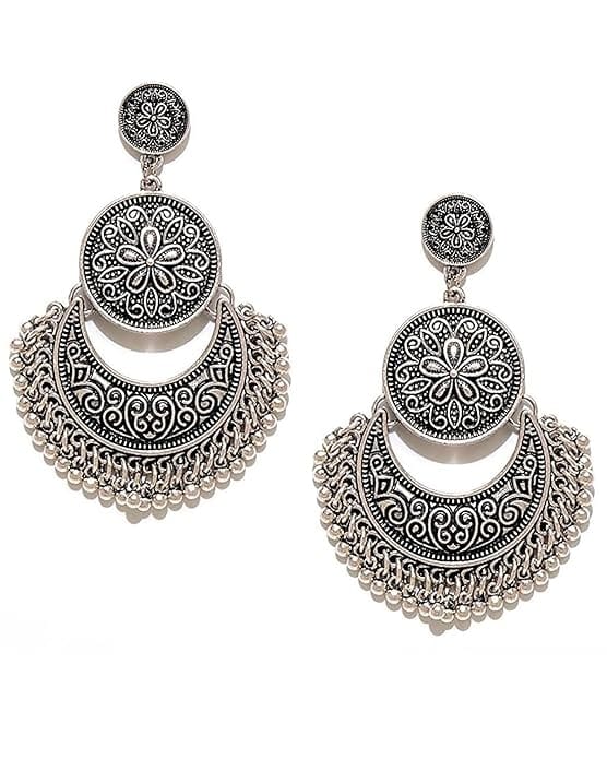 Oxidized silver-plated handcrafted crescent moon shape drop earrings