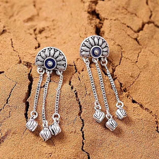 Oxidized silver handcrafted chandbali earrings with blue enamel detailing