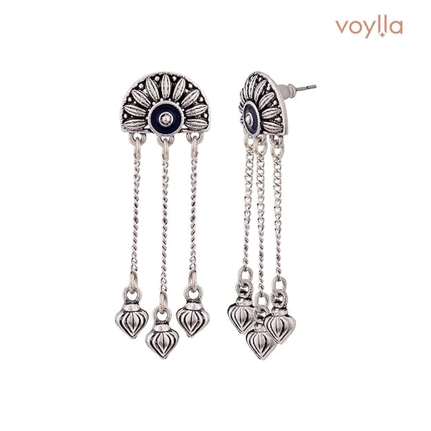 Oxidized silver handcrafted chandbali earrings with blue enamel detailing