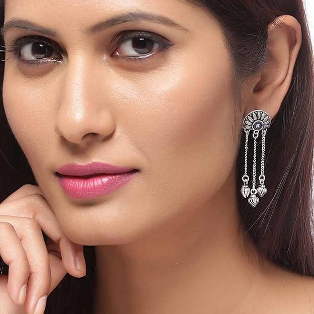 Oxidized silver handcrafted chandbali earrings with blue enamel detailing