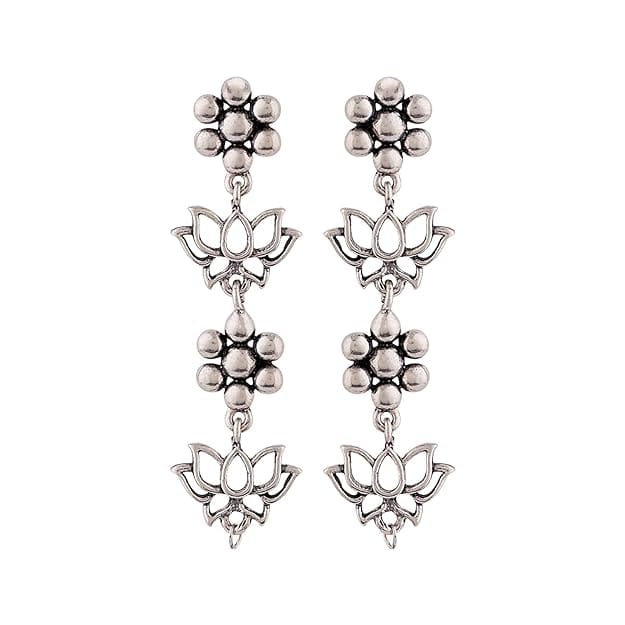 Oxidized German Silver Lotus Flower Drop Earrings