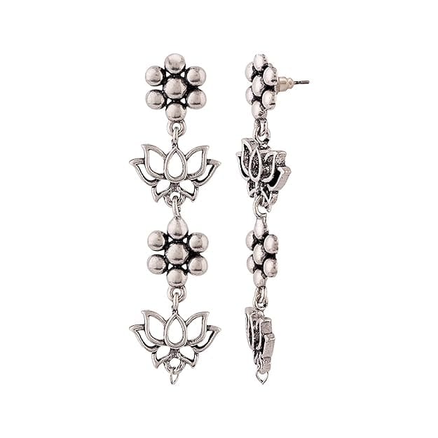 Oxidized German Silver Lotus Flower Drop Earrings