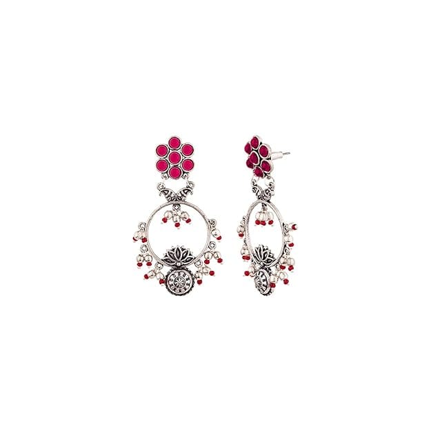 Oxidized Silver Traditional Jhumka Earrings with Pink Stones for Women