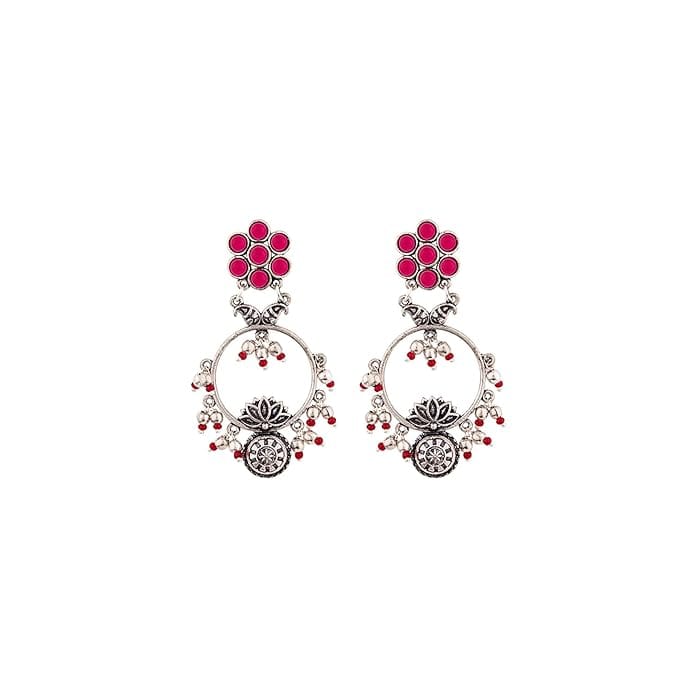 Oxidized Silver Traditional Jhumka Earrings with Pink Stones for Women