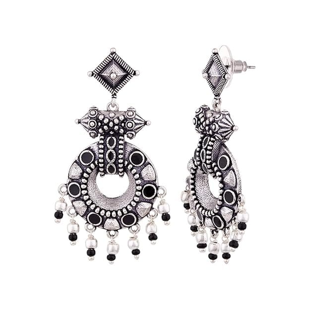 Oxidized Silver-Plated Pearl & Stone Drop Earrings