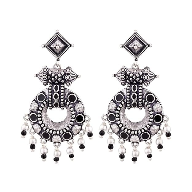 Oxidized Silver-Plated Pearl & Stone Drop Earrings