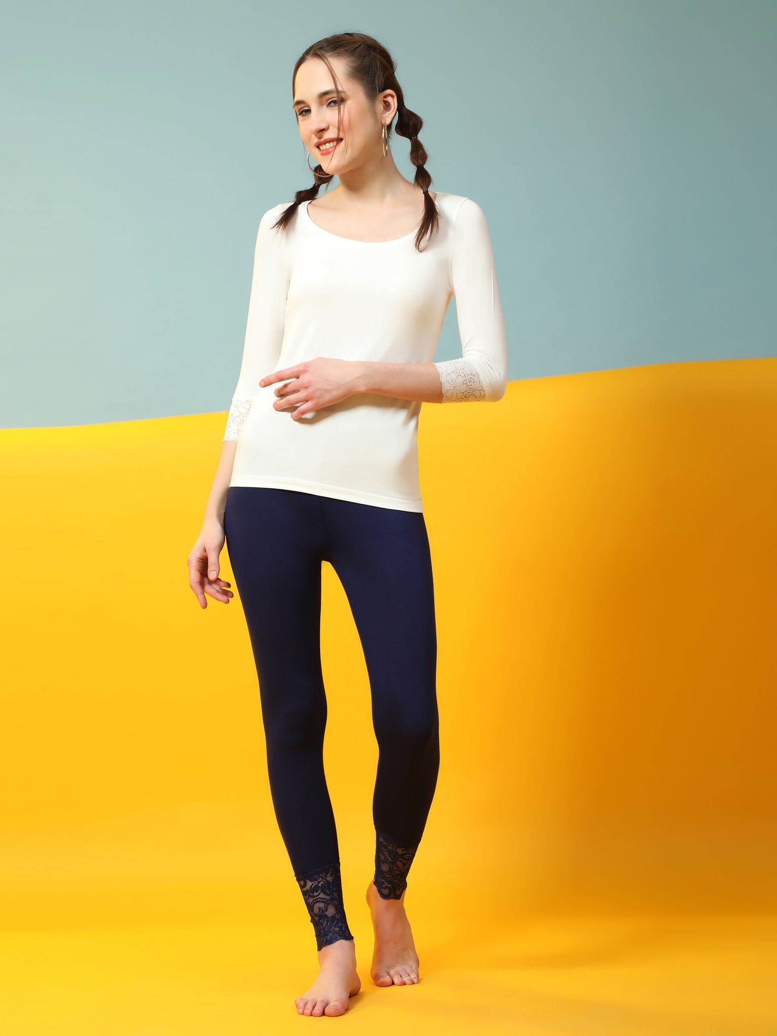 Outflits Ladies 3/4th Sleeve Lace Tshirt