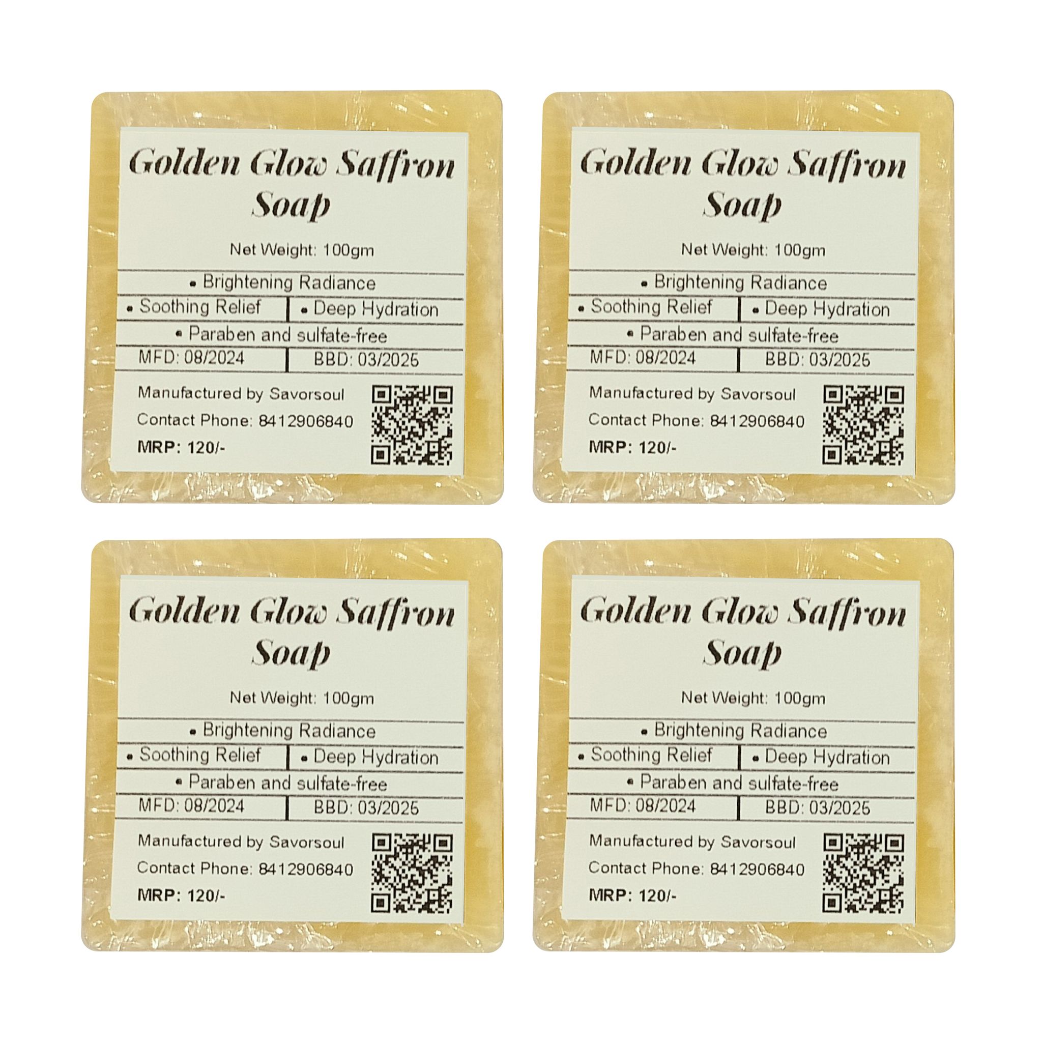 Savorsoul Golden Glow Saffron Handcrafted Bathing Soap – Pack of 4 (100g each,400g Total) Premium Saffron, Soothing sandalwood, and Nourishing Goat Milk