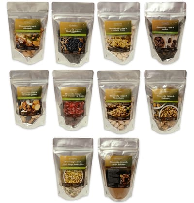 Savorsoul Premium Heavenly Crunch: Assorted Nut & Fruit Blend with Cocoa - 10 Pack Combo | 100g Each | Includes Almonds, Raisins, Cashews, Dates, Cranberries, Pistachios, Walnuts, Seeds, Dry Fruits & Cocoa