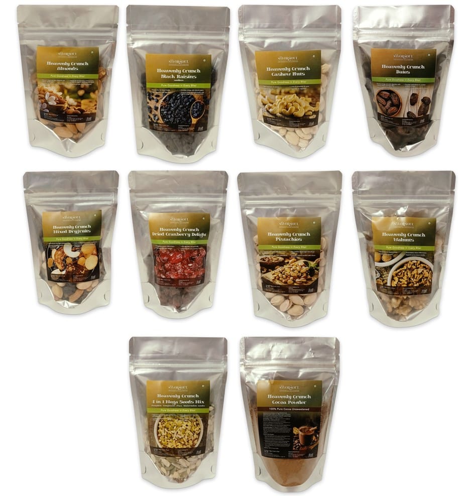 Savorsoul Premium Heavenly Crunch: Assorted Nut & Fruit Blend with Cocoa - 10 Pack Combo | 100g Each | Includes Almonds, Raisins, Cashews, Dates, Cranberries, Pistachios, Walnuts, Seeds, Dry Fruits & Cocoa