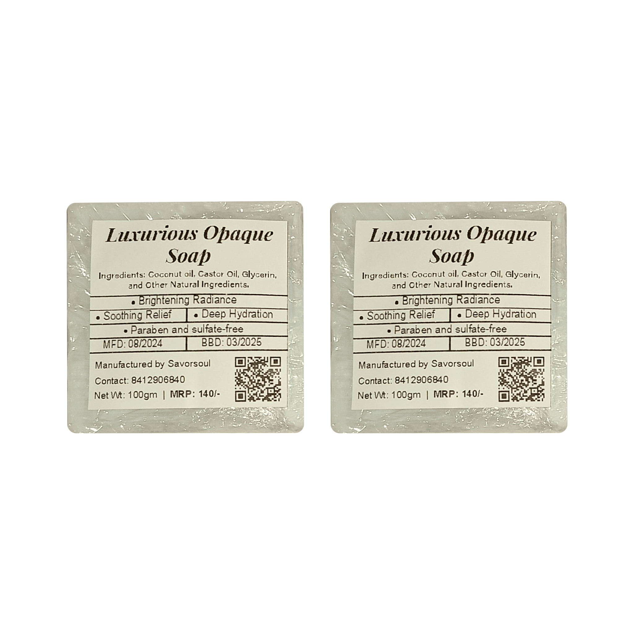 Savorsoul Luxurious Opaque Handcrafted Bathing Soap – Pack of 2 (100g each, 200g Total) Coconut oil, Castor oil, Glycerin &  other natural ingredients.