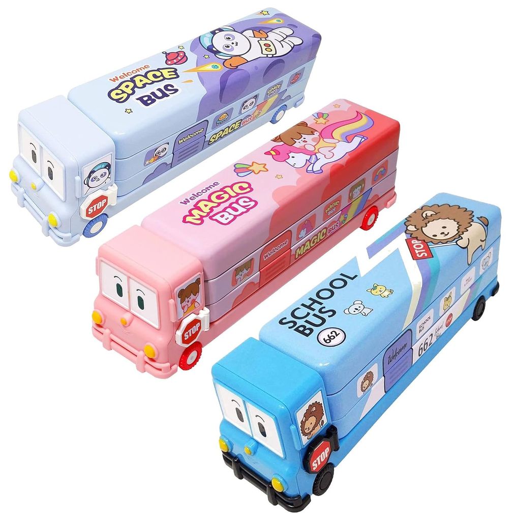School Bus Metal Pencil Box Geometry Box With Sharpener Cartoon Printed Dual Compartment Space Bus, - Stationery | Buy online on ZillyBuy