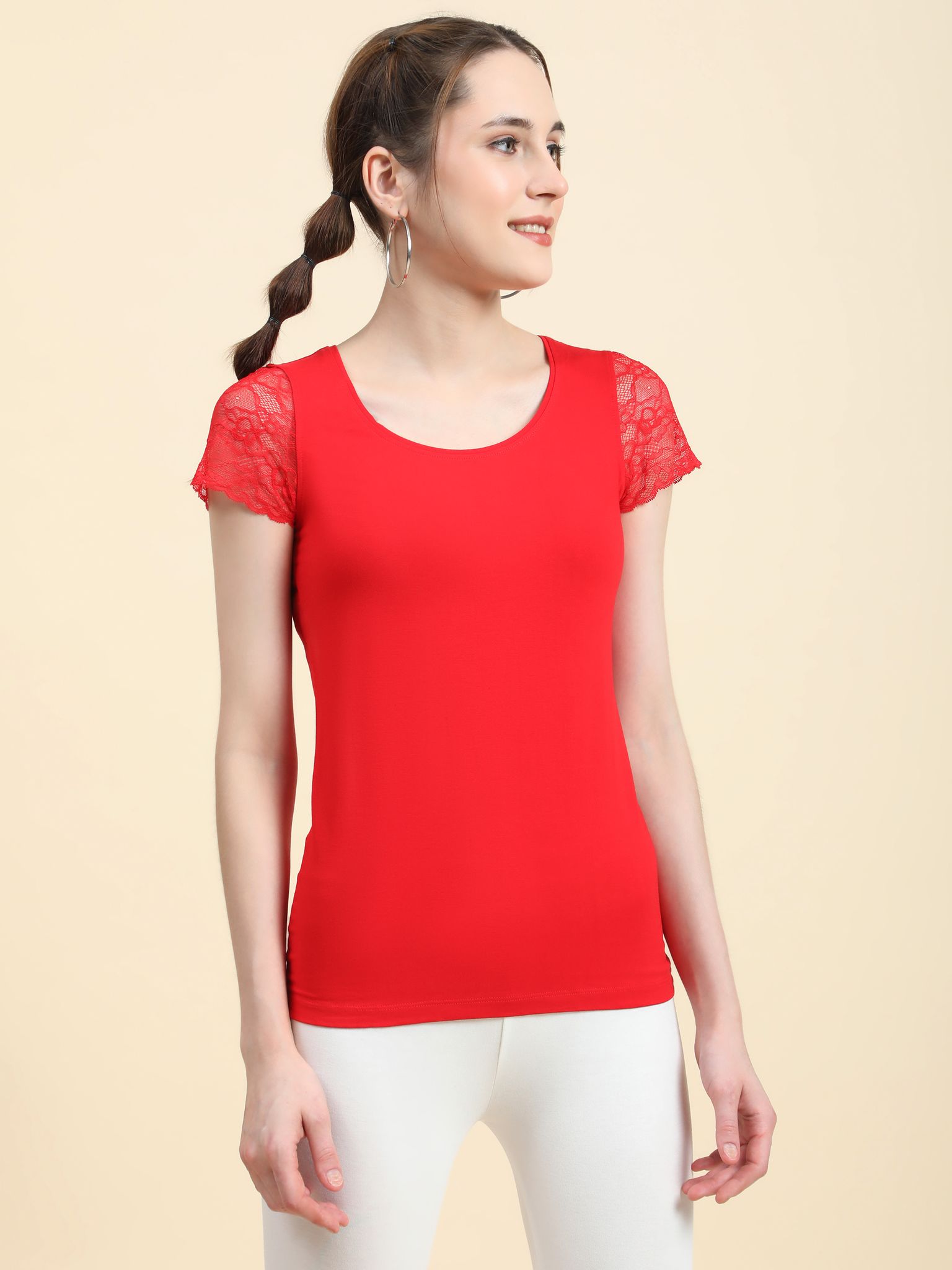 OUTFLITS Ladies Cuff Sleeve Lace Tshirt