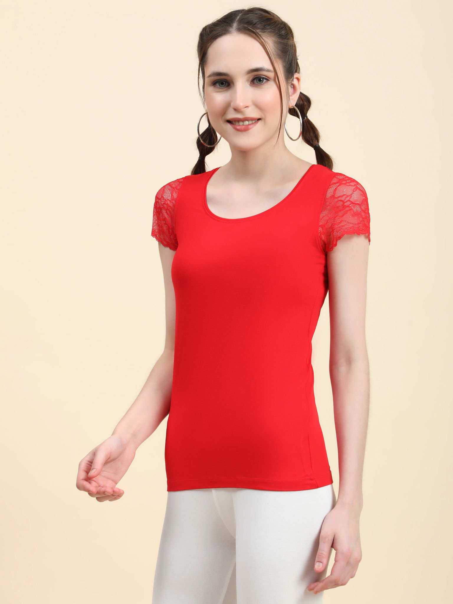 OUTFLITS Ladies Cuff Sleeve Lace Tshirt