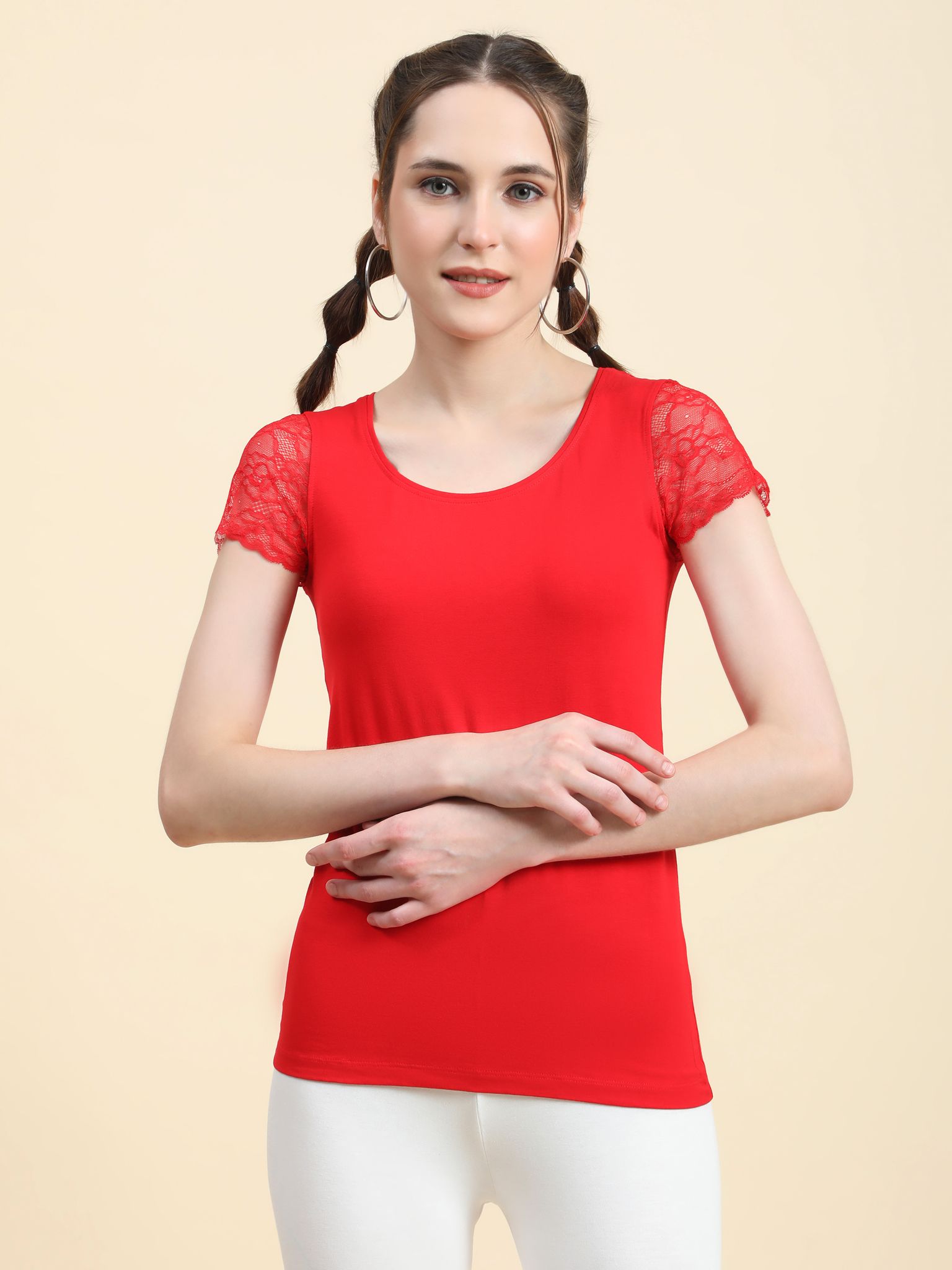 OUTFLITS Ladies Cuff Sleeve Lace Tshirt