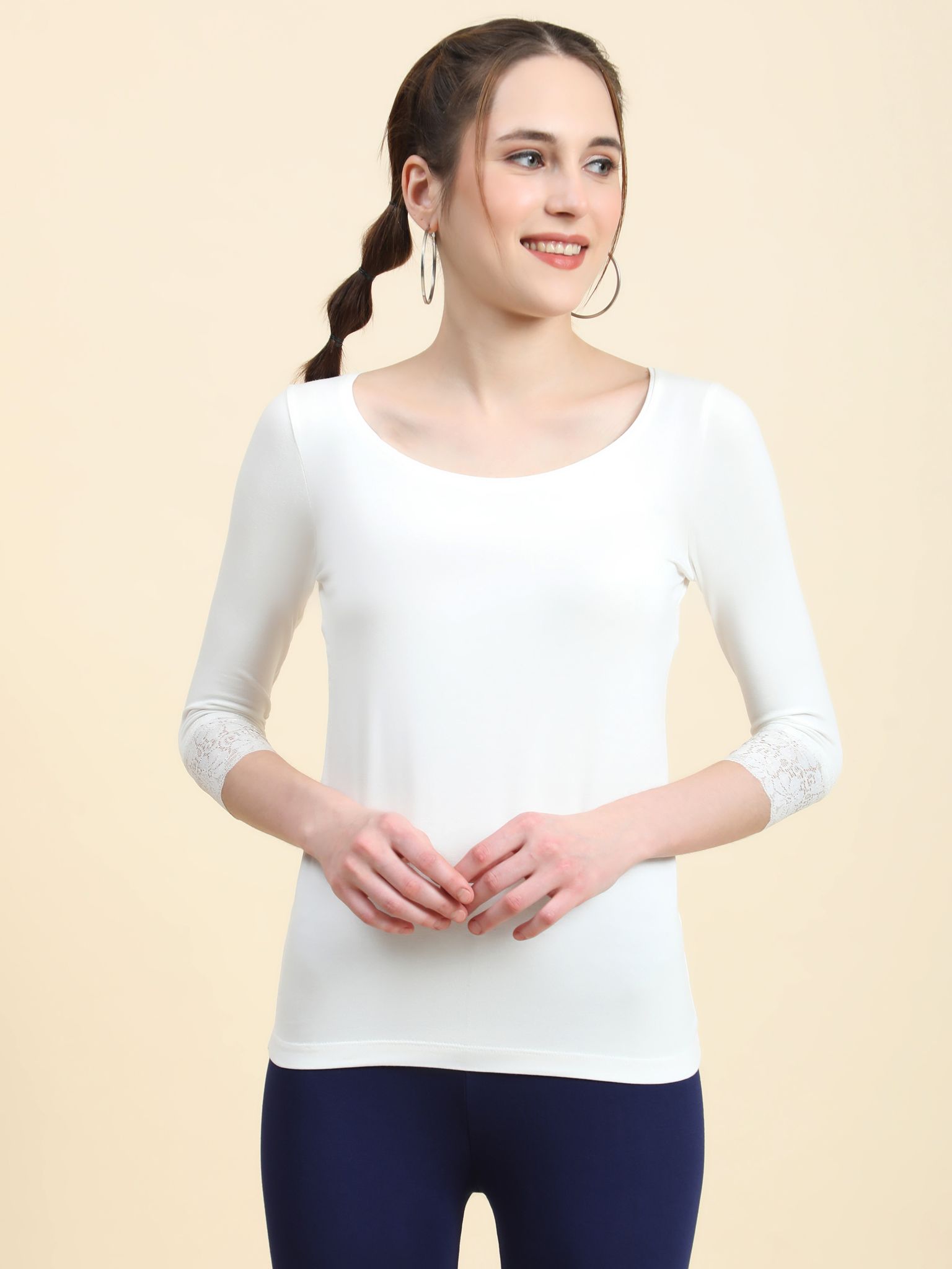 Outflits Ladies 3/4th Sleeve Lace Tshirt