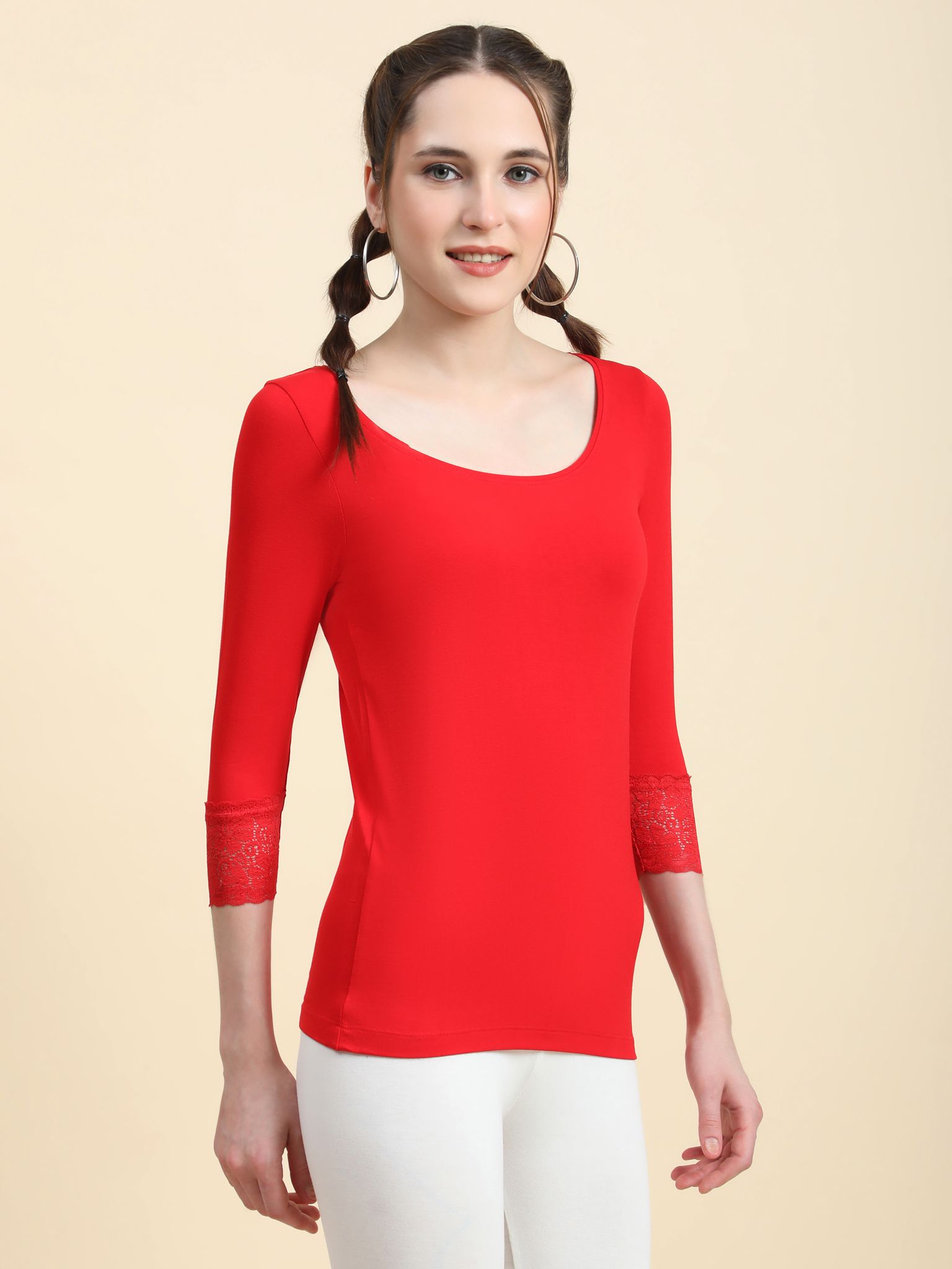 Outflits Ladies 3/4th Sleeve Lace Tshirt