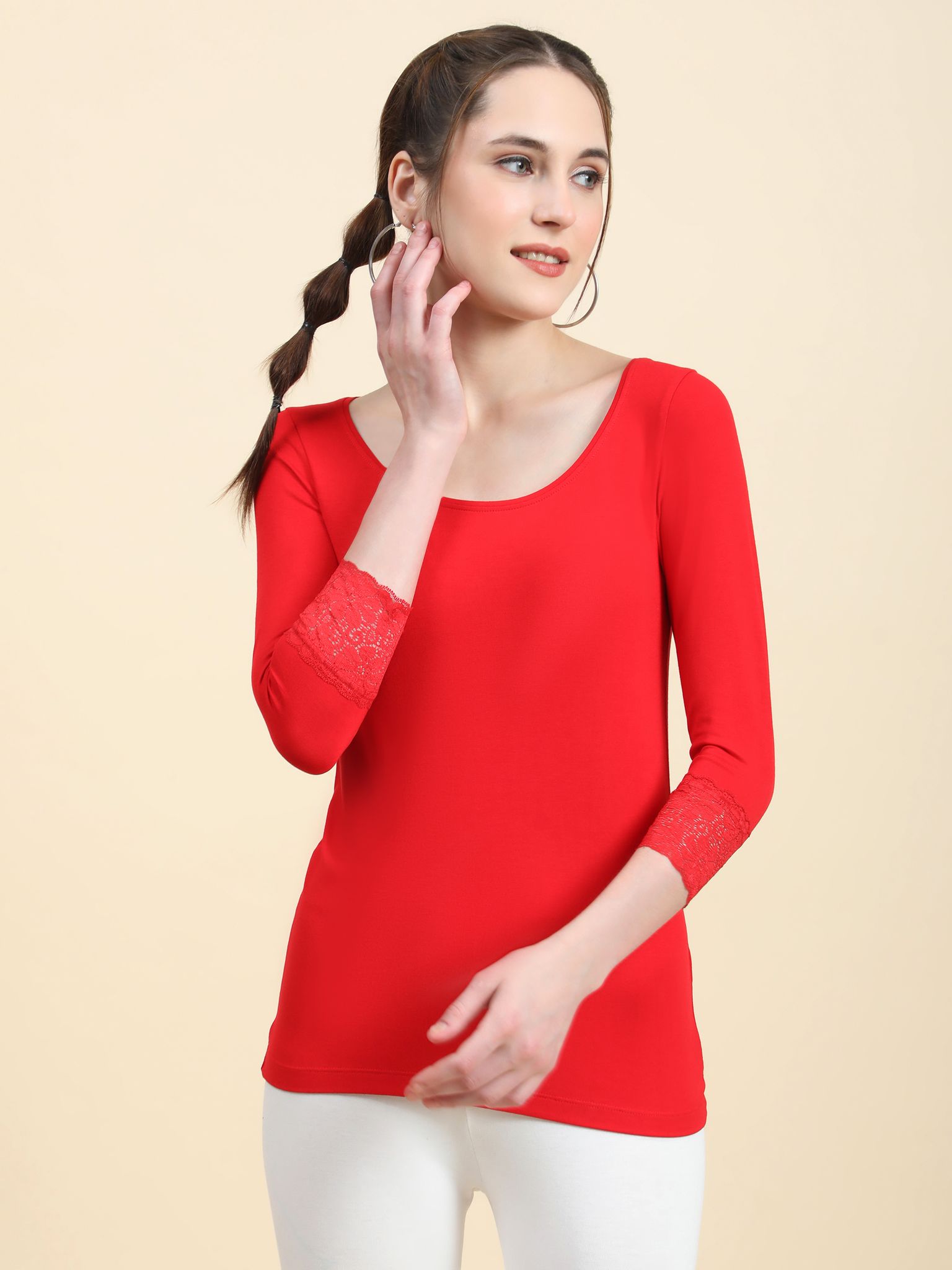Outflits Ladies 3/4th Sleeve Lace Tshirt