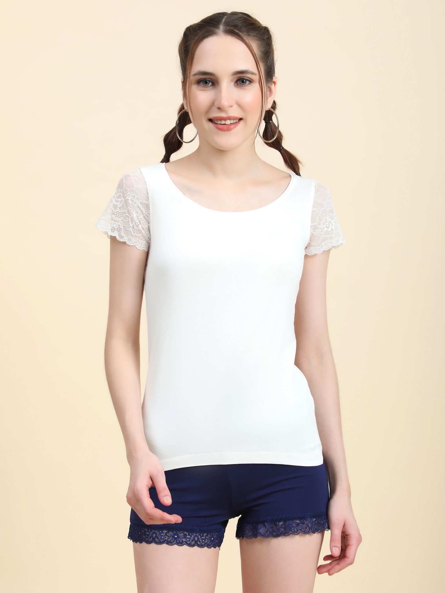 OUTFLITS Ladies Cuff Sleeve Lace Tshirt
