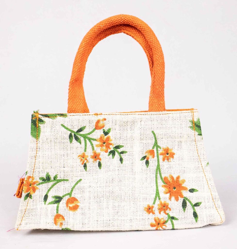  Floral Jute Tote Bag with Orange Handles - Handbags | Buy online on ZillyBuy