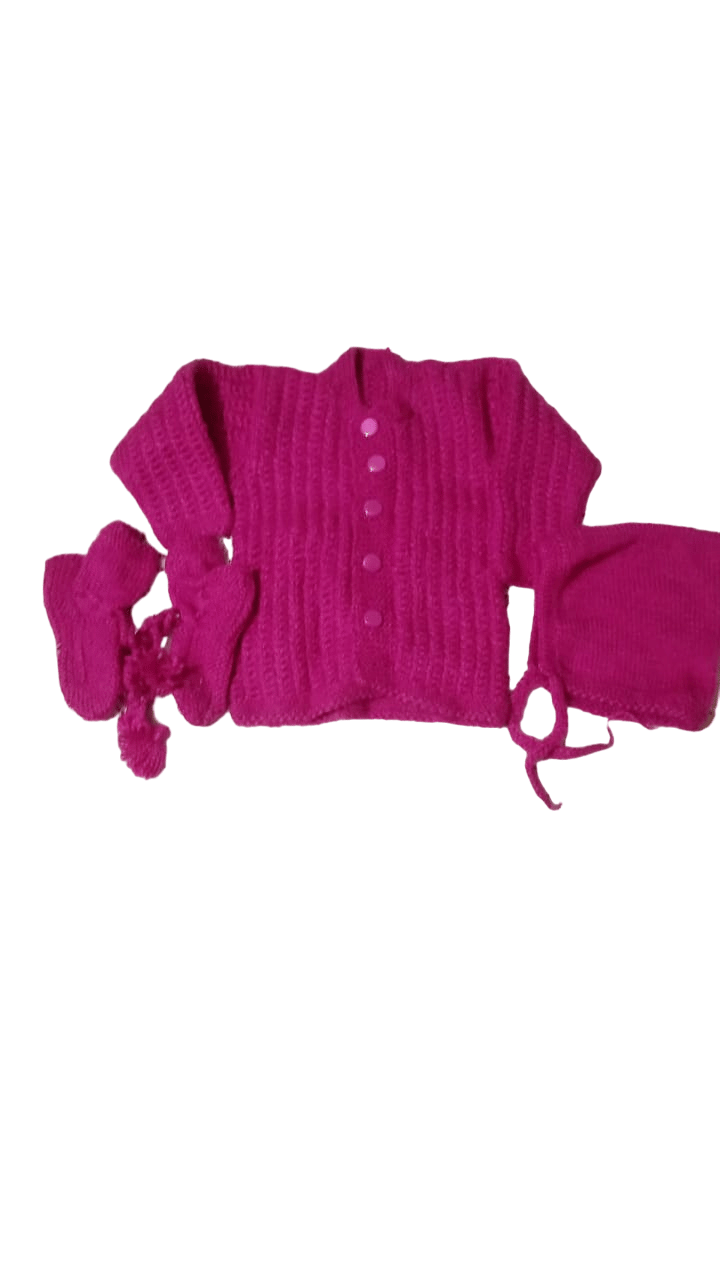 Handmade Hand Knit Baby Woolen Sweater Jacket with Matching Socks and Cap