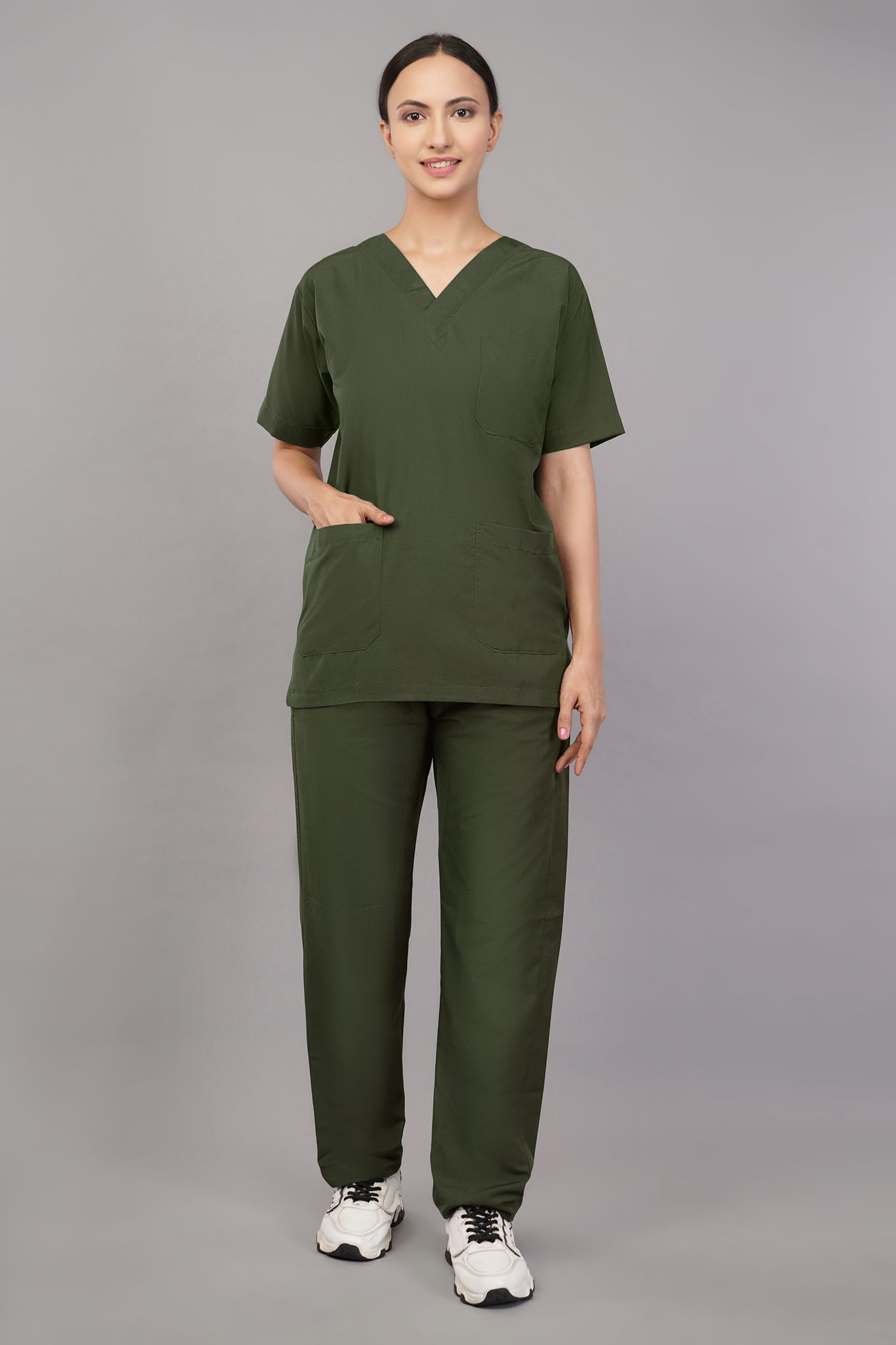 Scrub Suit 5-Pockets Scrub Olive Green Color Unisex Pattern