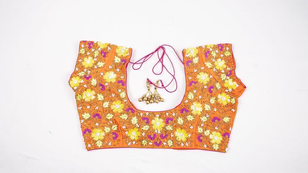 Orange Hand Embroidered Blouse with Floral Motifs
