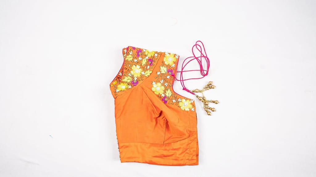 Orange Hand Embroidered Blouse with Floral Motifs