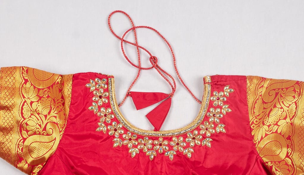  Red and gold embroidered silk crop top