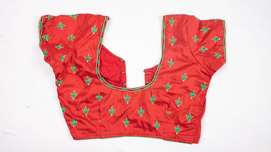 Red Cotton Embroidered Blouse with Green Leaves