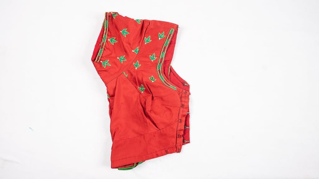 Red Cotton Embroidered Blouse with Green Leaves