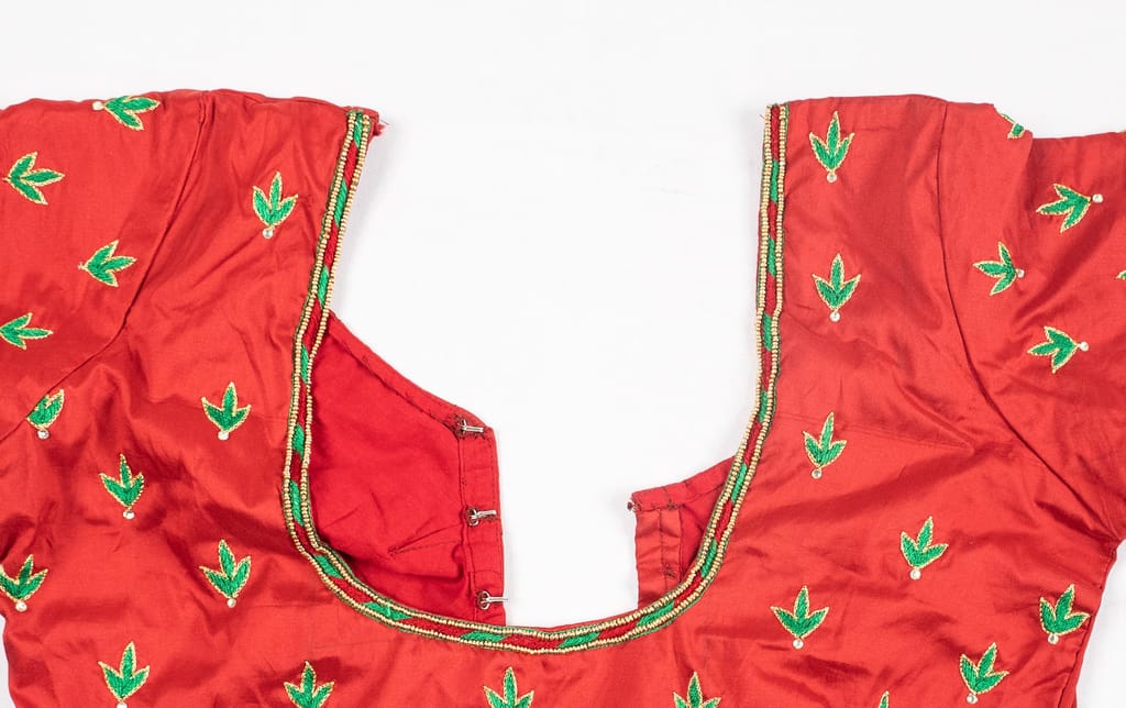 Red Cotton Embroidered Blouse with Green Leaves