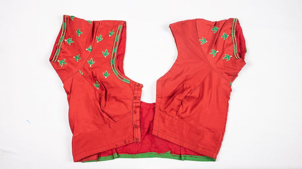Red Cotton Embroidered Blouse with Green Leaves