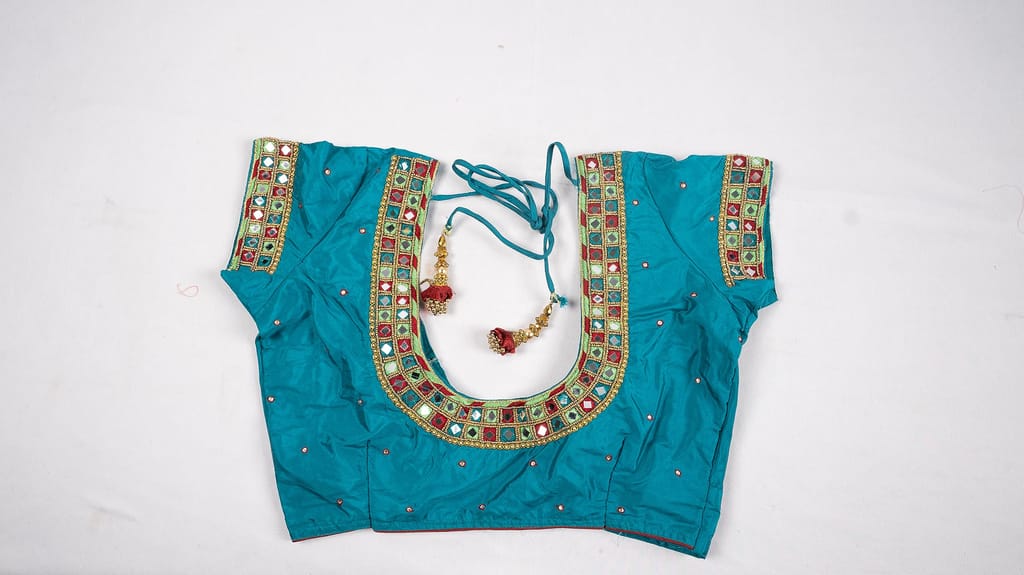 Sleeveless Teal Blouse with Mirror and Bead Embellishment