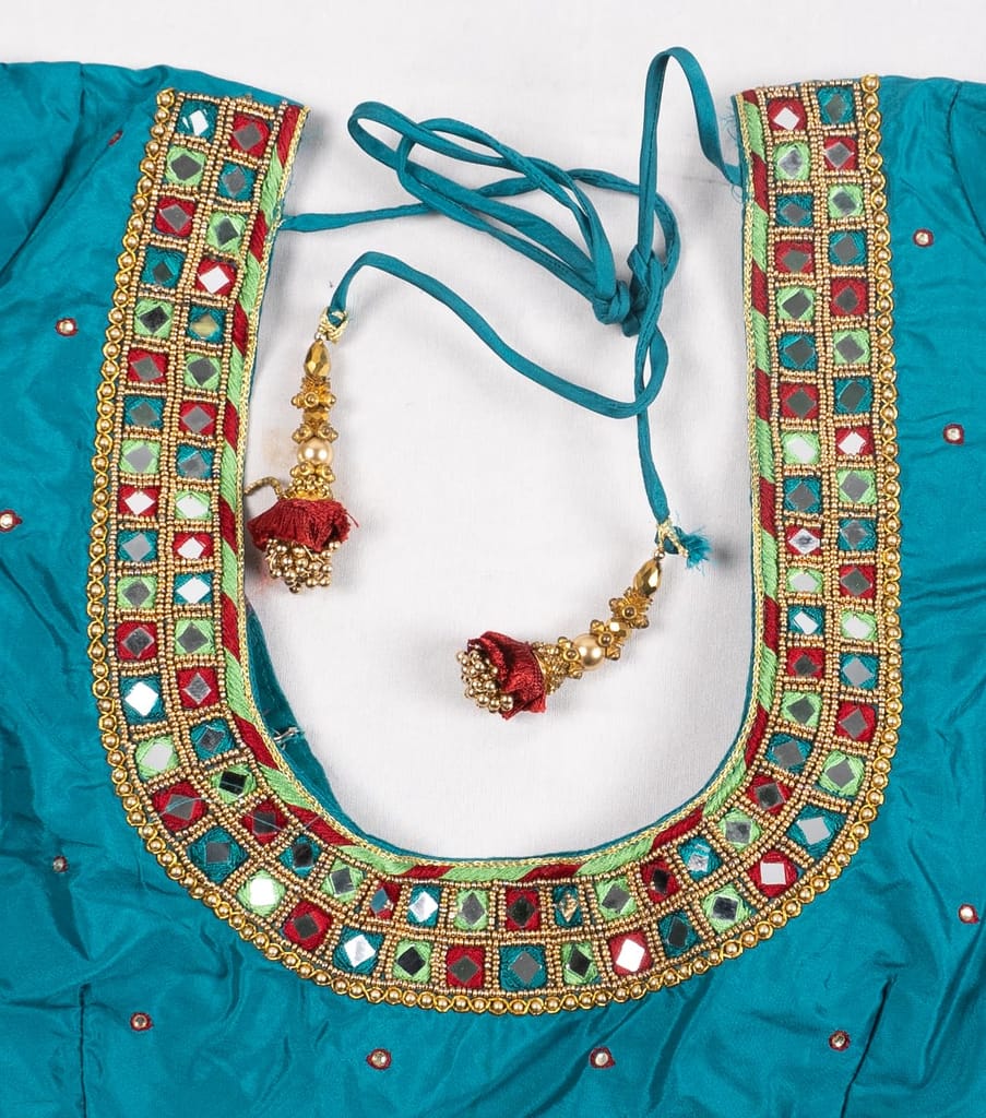 Sleeveless Teal Blouse with Mirror and Bead Embellishment