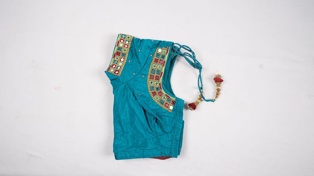 Sleeveless Teal Blouse with Mirror and Bead Embellishment