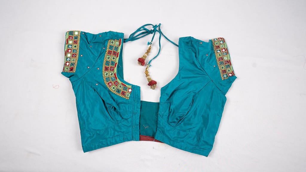 Sleeveless Teal Blouse with Mirror and Bead Embellishment