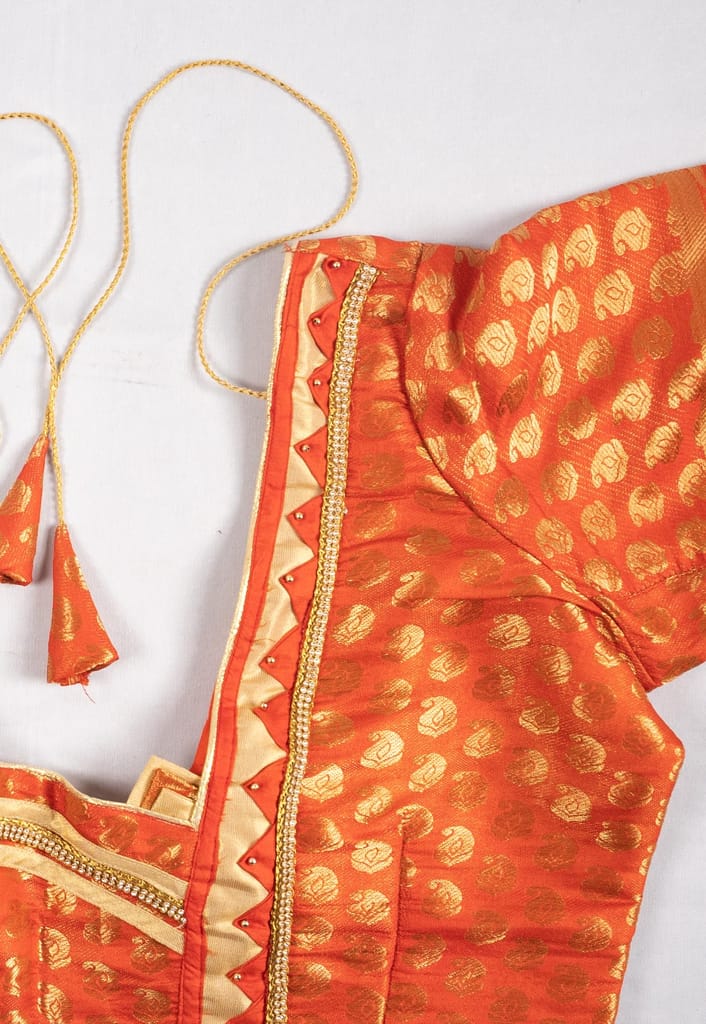 Readymade Orange Saree Blouse with Golden Zari Embroidery