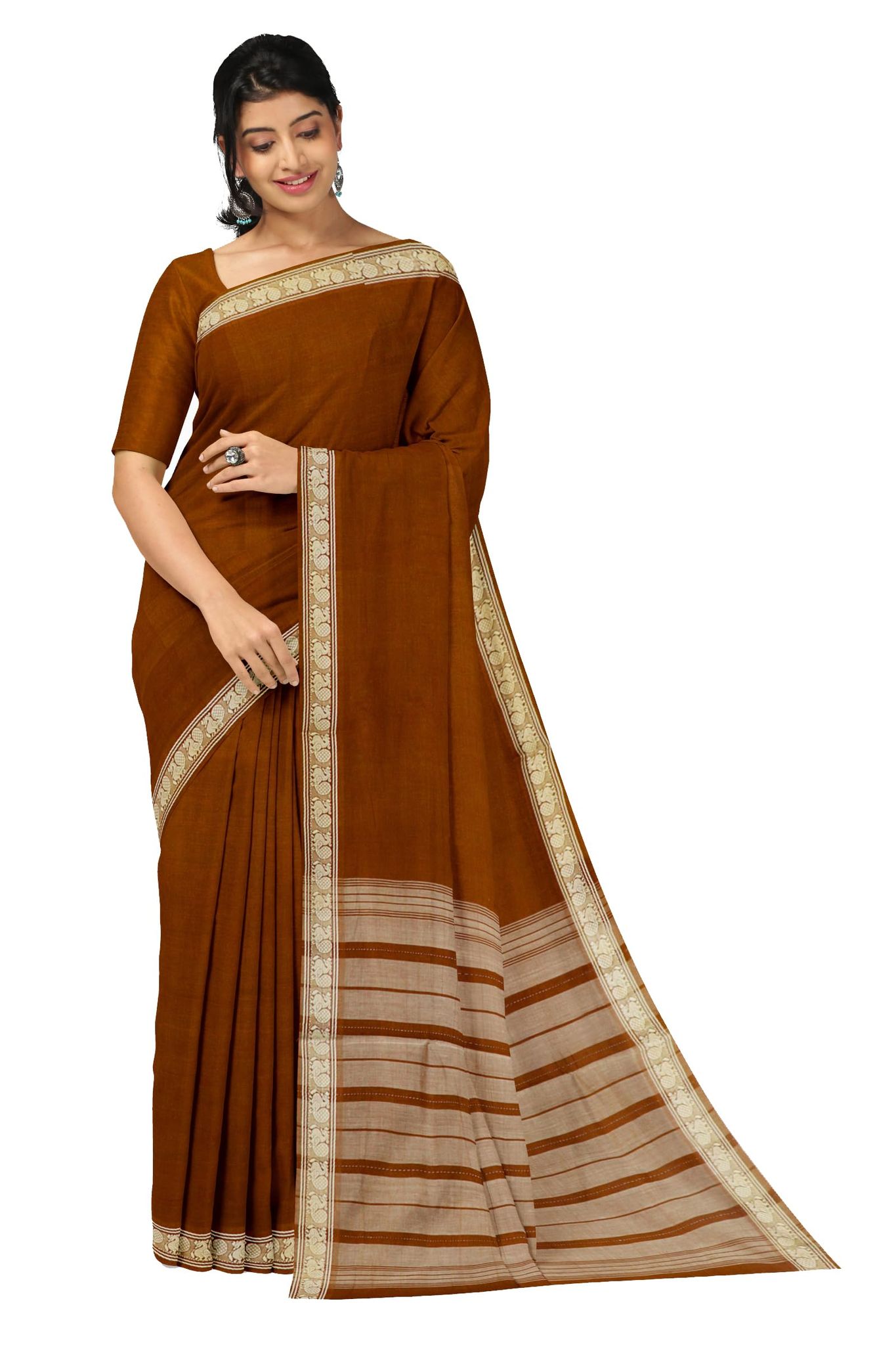 APCO Handloom (A Andhra Pradesh Govt Emporium)- Women's Traditional Pure Handloom Bandar/Polavaram Brown Cotton Saree | PBS0069